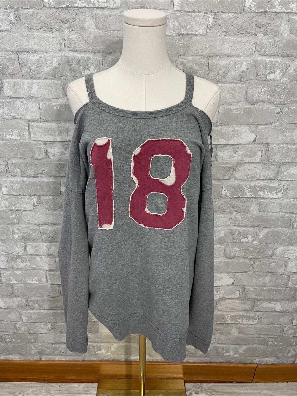 Free People Gray Cold-Shoulder Sweatshirt with Burgundy '18' Patch